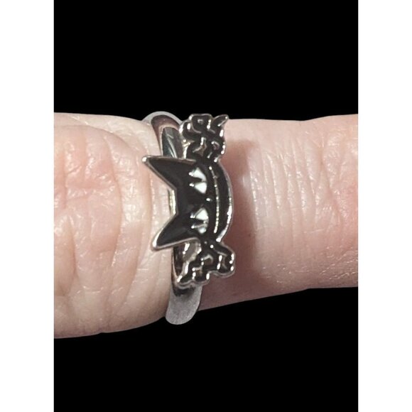 Gothic Spooky Cat Black And Silver Tone Adjustable Ring Size 7 1/2 - Picture 9 of 9